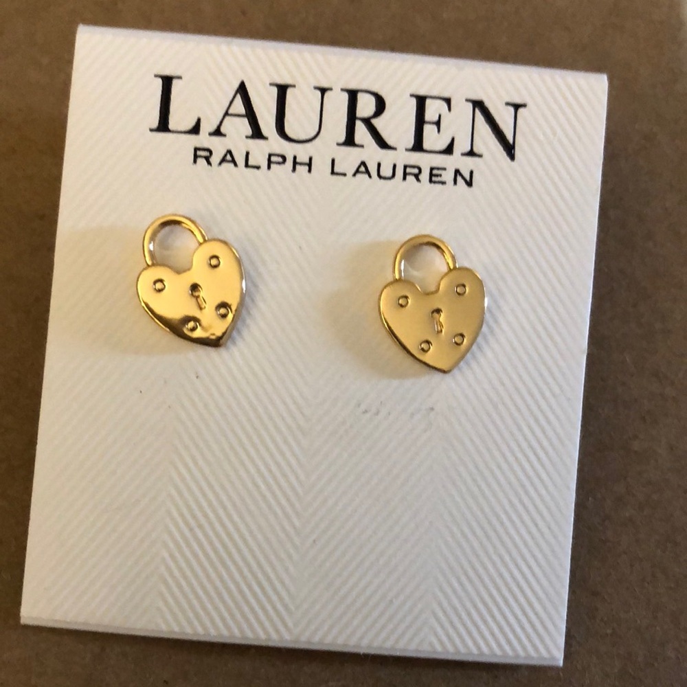 Lauren Ralph Lauren Polished Gold Tone Padlock Heart Stud Earrings NWT